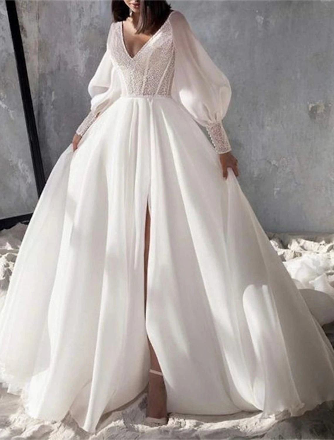 Fashionable Women's Clothing Sparkle & Shine Formal Wedding Dresses A-Line V Neck Long Sleeve Chapel Train Organza Bridal Gowns With Split Front
