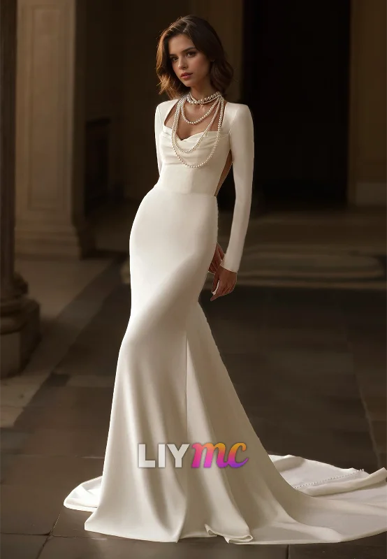 Women's Charming Outfit For Events Sweetheart Long Sleeves Sleek Satin Mermaid Wedding Dress