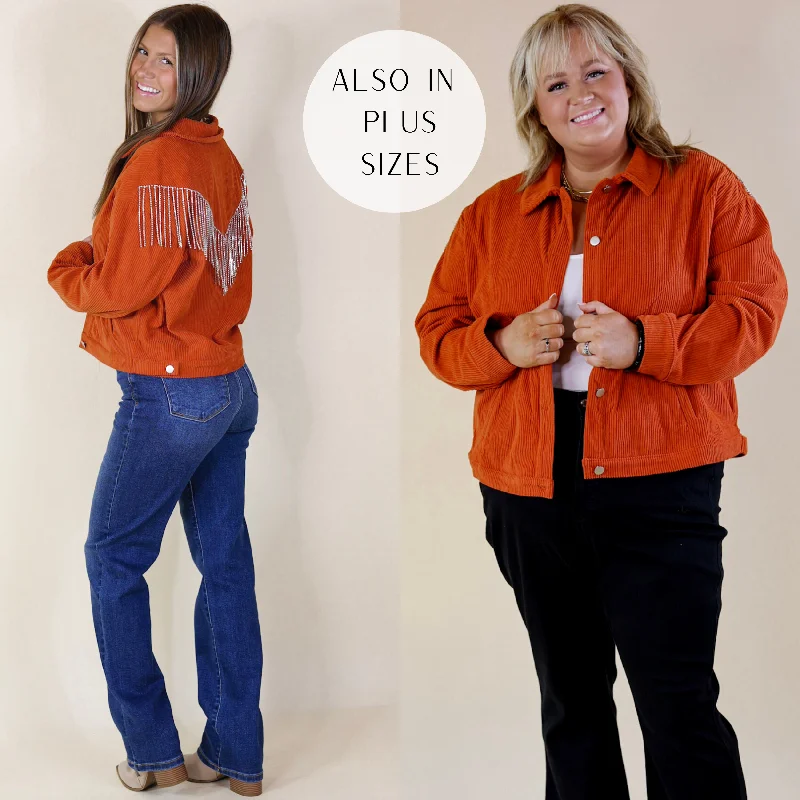 Comfortable Women's Apparel Signature Moves Button Up Corduroy Jacket with Crystal Fringe Back in Rust Orange