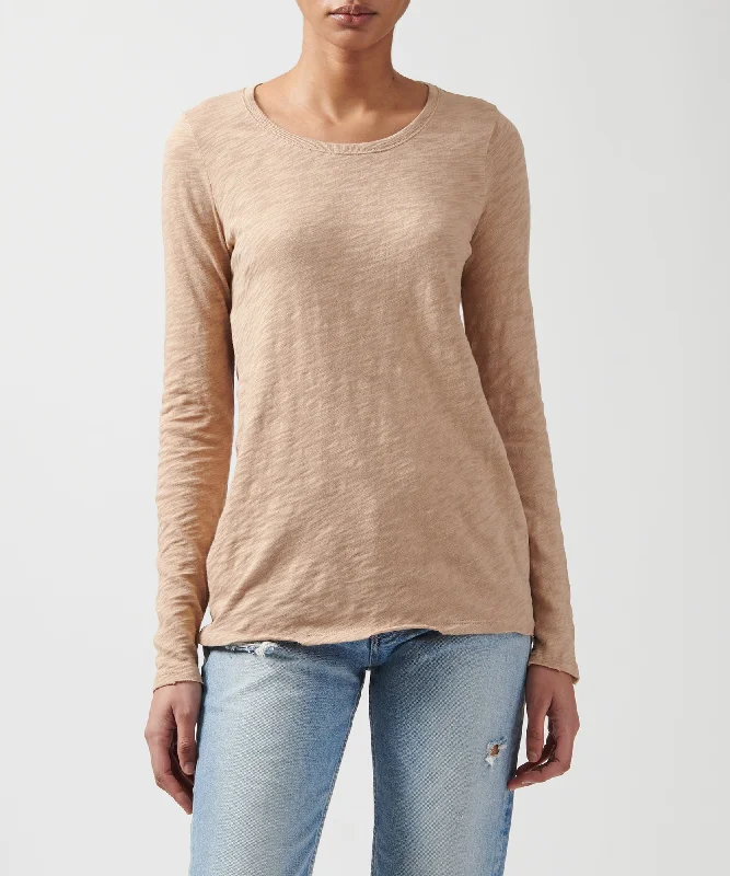 Women's Romantic Outfit Slub Jersey Long Sleeve Destroyed Wash Tee - Camel