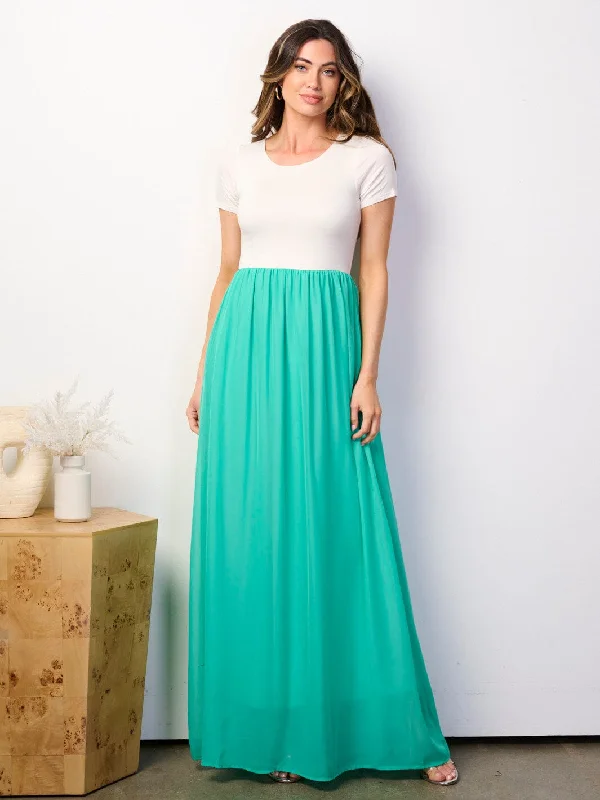 Women's Contemporary Clothing WOMEN'S SHORT SLEEVE ELASTIC WAIST COLORBLOCK MAXI DRESS