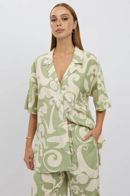 Modern Women's Apparel Green Abstract Relaxed Shirt Short Sleeve Linen Blend