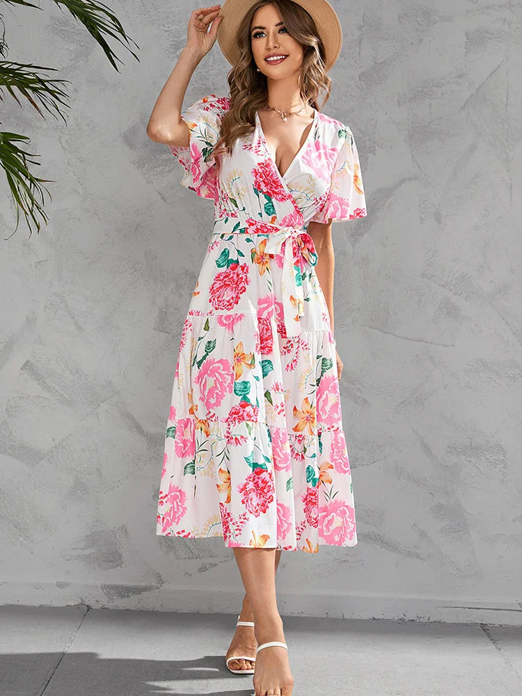 Casual Apparel For Women Summer Women Casual Floral Print Ruffle Big Hem Beach Fashion V Neck Bandage White 2024 New Midi Dress