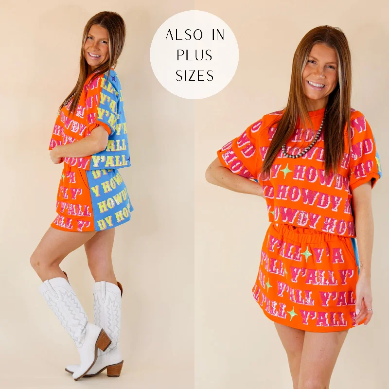 Women's Evening Wear Outfit Queen Of Sparkles | Howdy Y'all Sequined Colorblock Short Sleeve Top in Orange & Blue