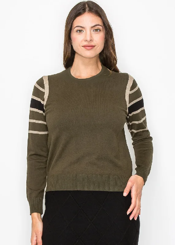 Women's Sports Apparel Olive Striped Sleeve Sweater