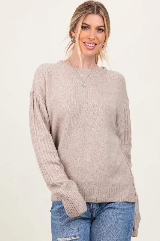 Comfortable Women's Clothing Beige Long Sleeve Raised Seam Sweater