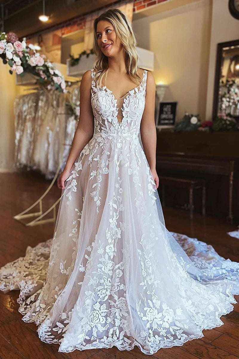 Women's Luxury Attire Wedding Dress A-Line V-Neck Backless Long Lace