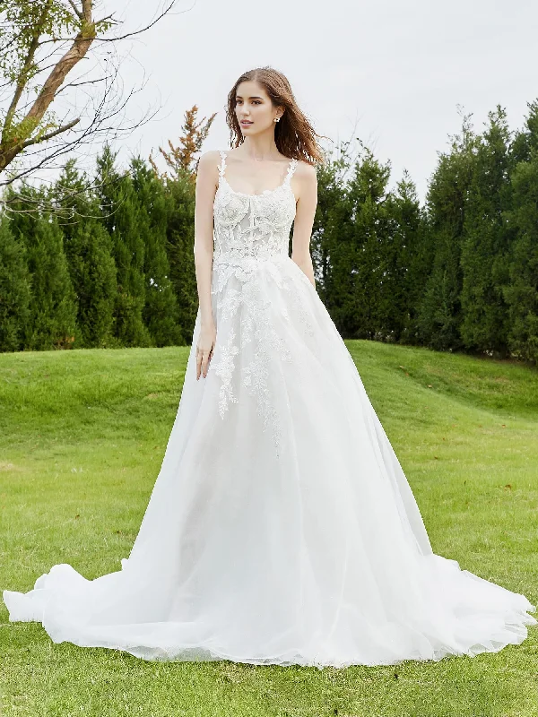 Women's Luxury Apparel Wedding Dress Spaghetti Straps Tulle Lace Flower Beautiful Elegant Dress