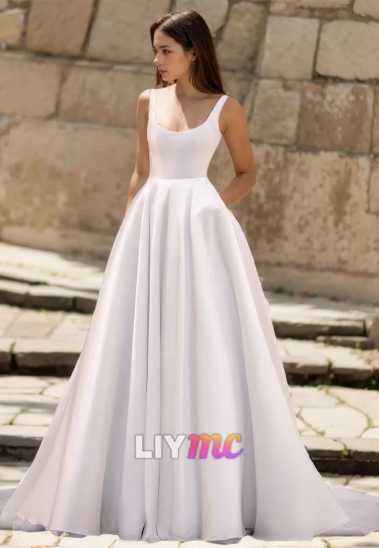 Women's Sporty Chic Clothes Square Straps Sleeveless Pleated Satin A-Line Simple Wedding Dress