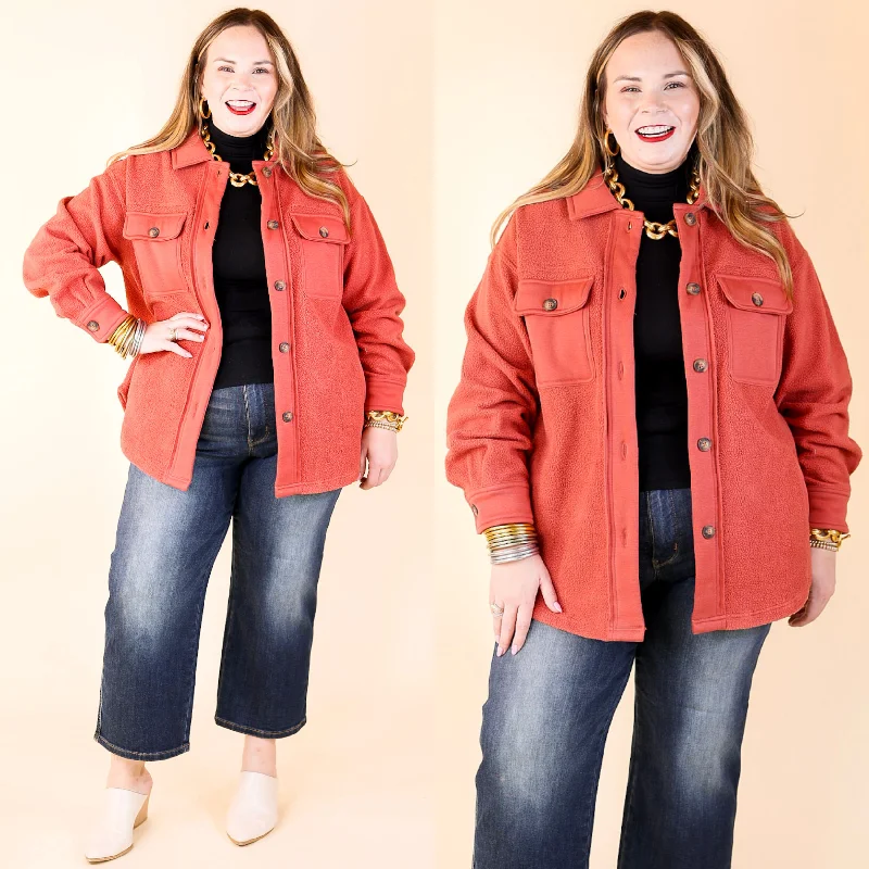 Women's Athletic Garments Hollywood Hike Button Up Fleece Jacket with Pockets in Clay Red