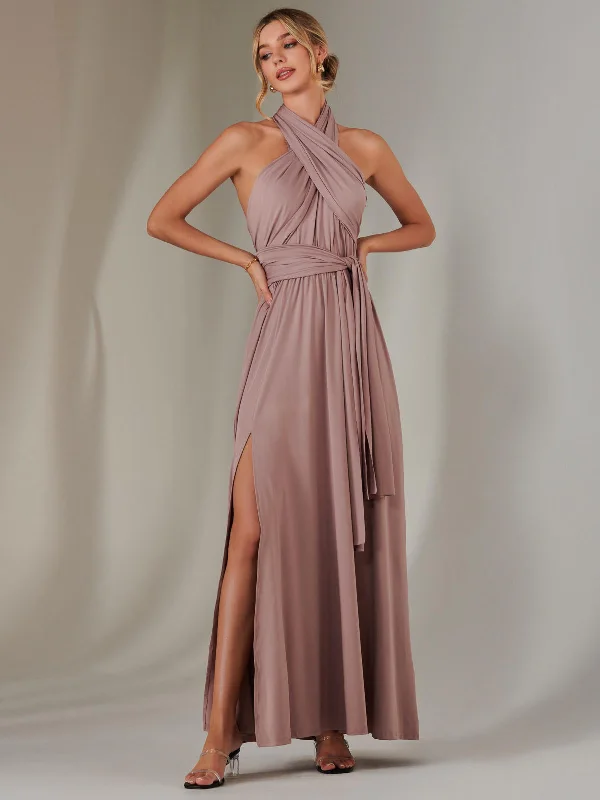 Women's Resort Apparel Halter Neck Maxi Bridesmaid Dress, Dusty Pink