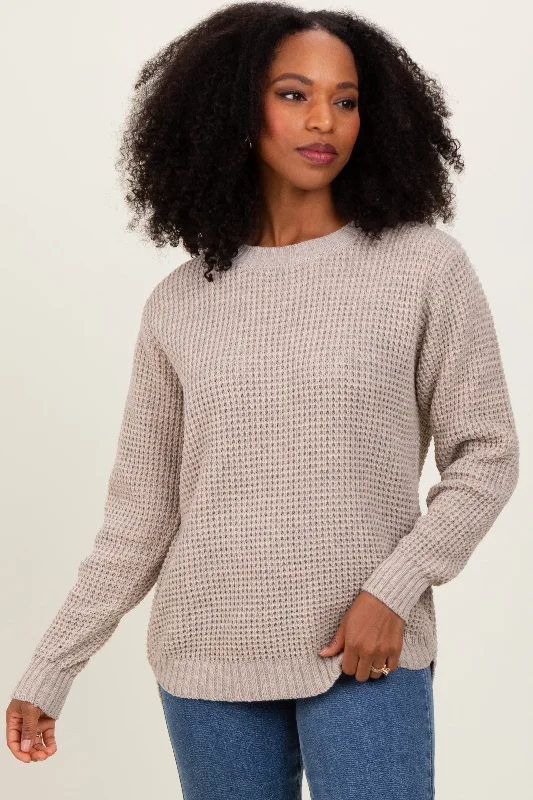 Fashionable Women's Clothing Dark Beige Waffle Knit Rounded Hem Sweater