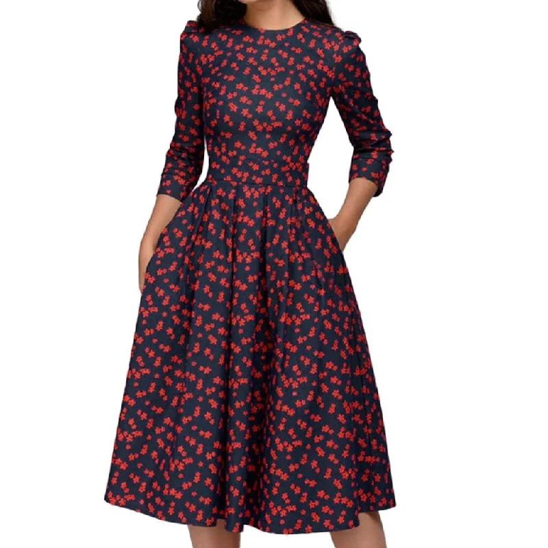 Stylish Women's Outfit DressBetty - Vintage Print Midi Evening Sleeves A-Line O-Neck Dress