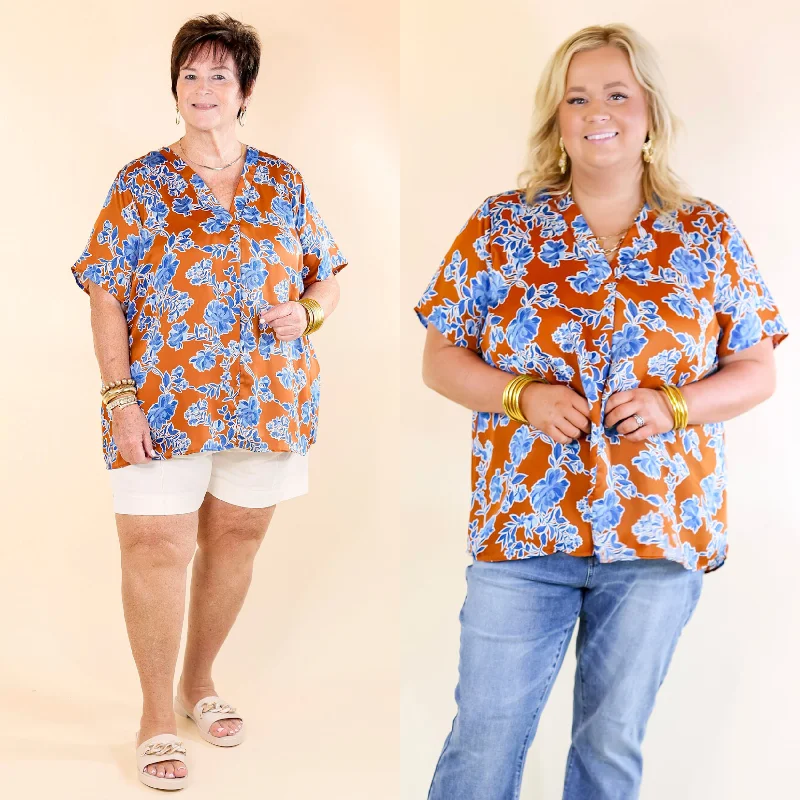 Women's Stylish Vacation Attire Whimsical Ways Floral Short Sleeve Blouse in Copper and Blue