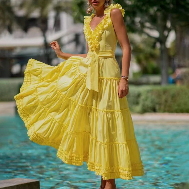 Comfortable Women's Attire Seaside Holiday Style Ruffled Dress 2022 Autumn New Fashion V-neck Sleeveless Lace Decorative Dress Female