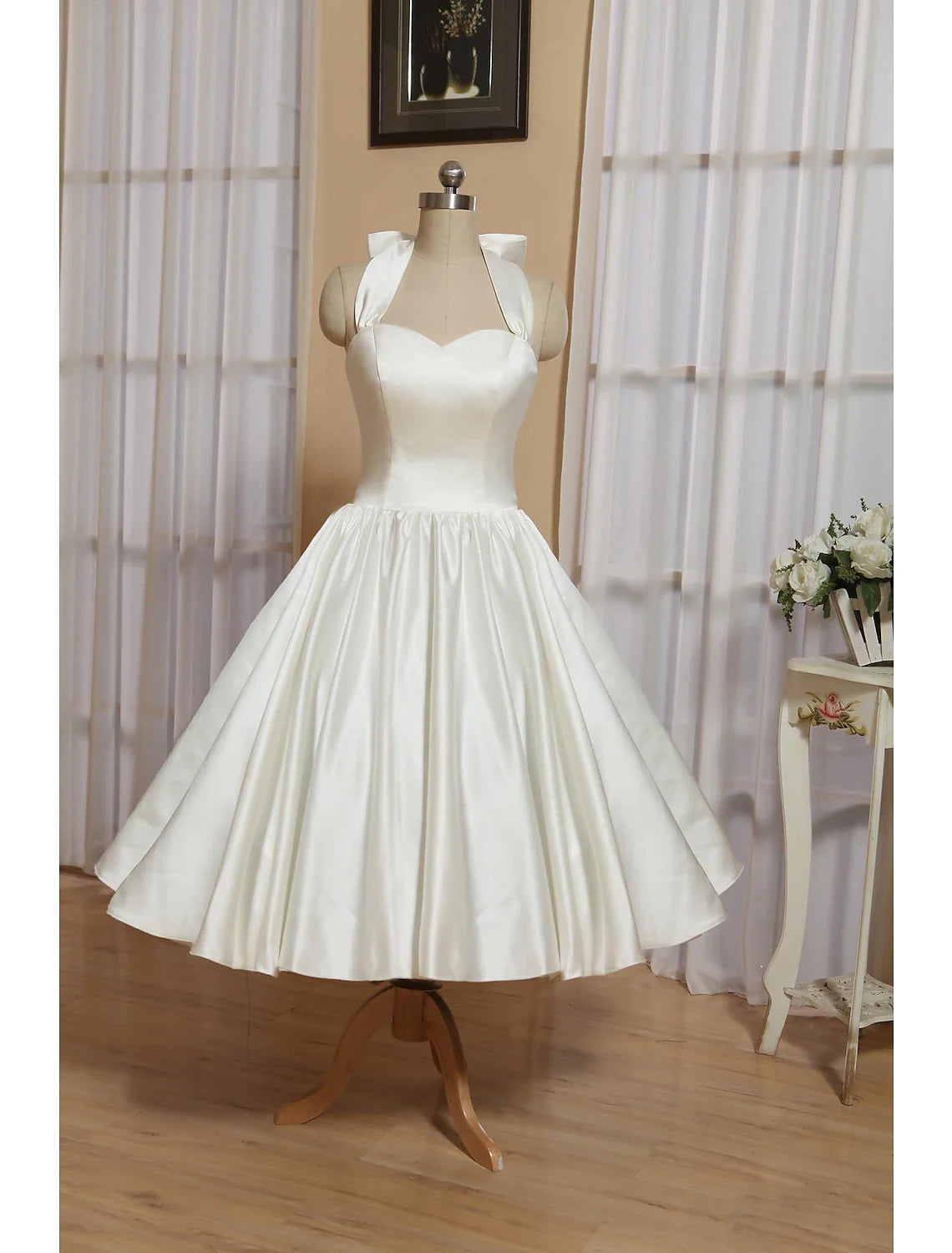 Women's Travel Attire Reception Little White Dresses Wedding Dresses A-Line Halter Sleeveless Tea Length Satin Bridal Gowns With Bow(s) Pleats