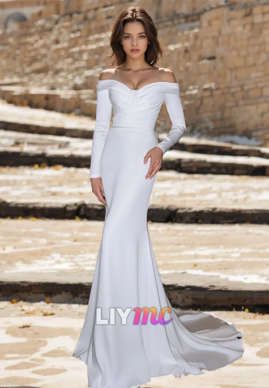 Women's Chic Outerwear Outfit V-Neck Long Sleeves Sleek Satin Mermaid Beach Wedding Dress