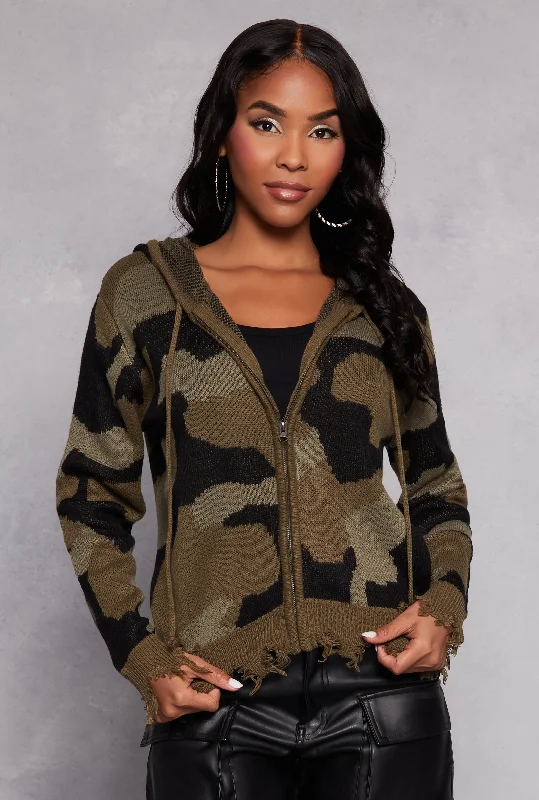 Timeless Women's Apparel Distressed Camo Zip Front Hooded Sweater