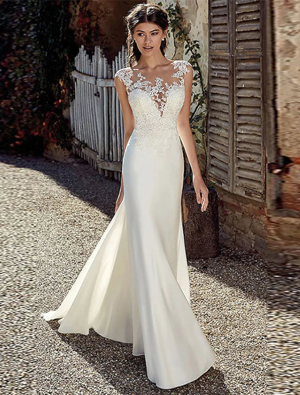 Women's Vacation Attire Beach Open Back Wedding Dresses Mermaid / Trumpet Illusion Neck Cap Sleeve Court Train Chiffon Bridal Gowns With Appliques Summer Fall Wedding Party