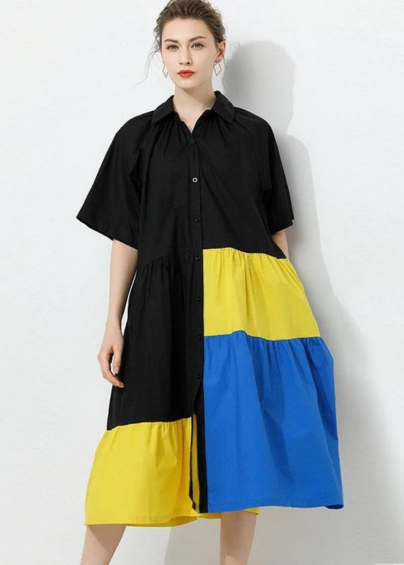 Women's Layered Outfit Art Black Patchwork PeterPan Collar Button Summer Cotton Dress Half Sleeve