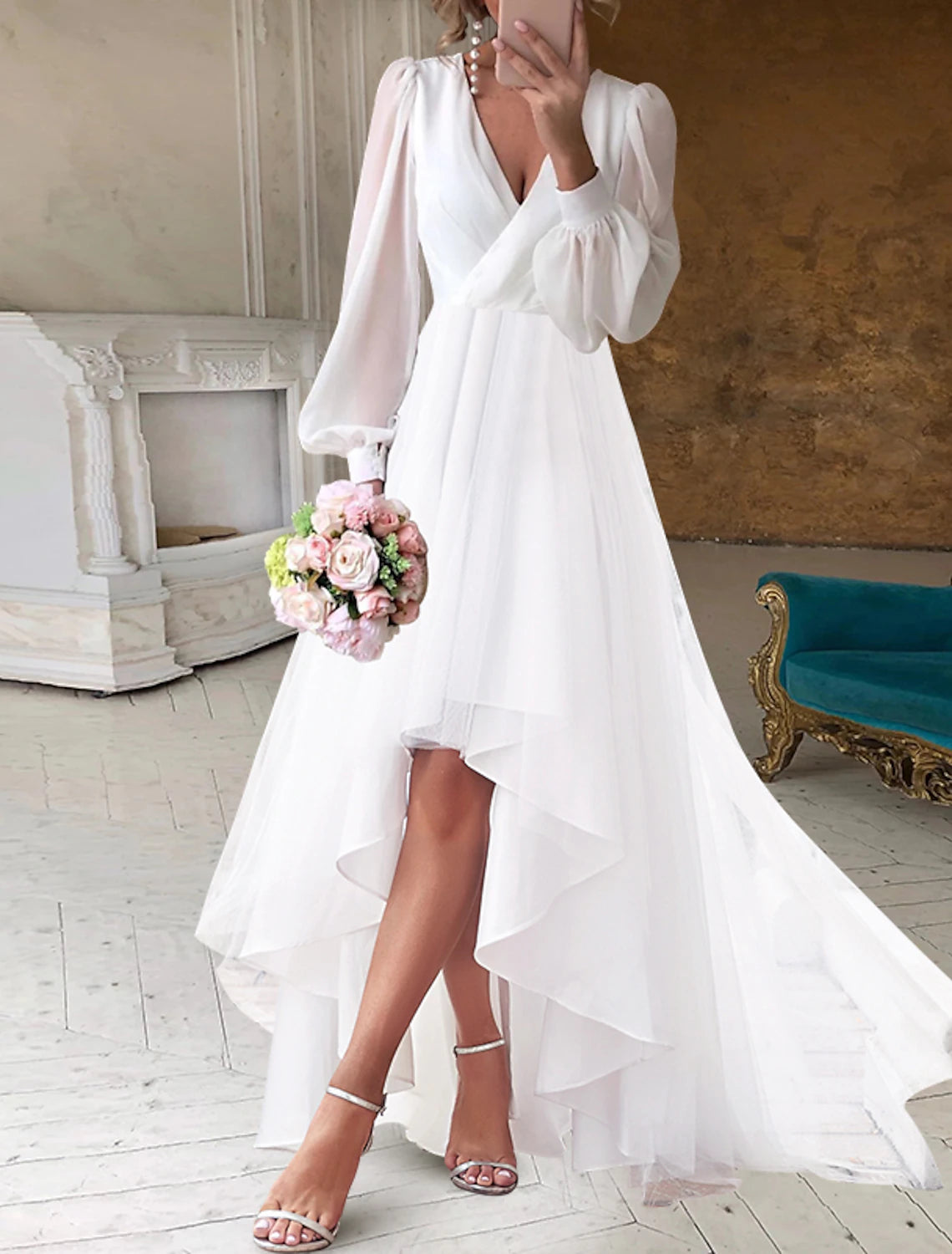 Women's Tops And Clothing Bridal Shower Fall Wedding Dresses Little White Dresses Casual A-Line V Neck Long Sleeve Asymmetrical Chiffon Bridal Gowns With Solid Color Summer Wedding Party