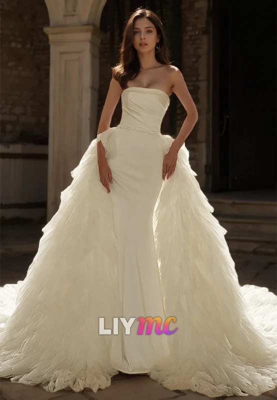 Chic Clothing For Women Straight Across Sleeveless Sleek Removable Train Mermaid Wedding Dress