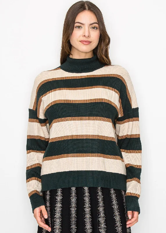 Women's Stylish Casual Garments Forest Green Striped Turtleneck Sweater