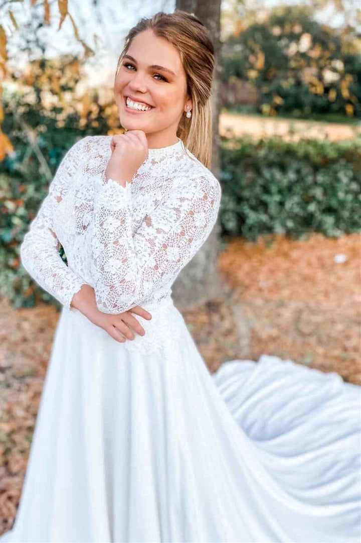 Women's Everyday Clothes Soft Lace & Chiffon Wedding Dresses A Line Long Sleeves High Neck