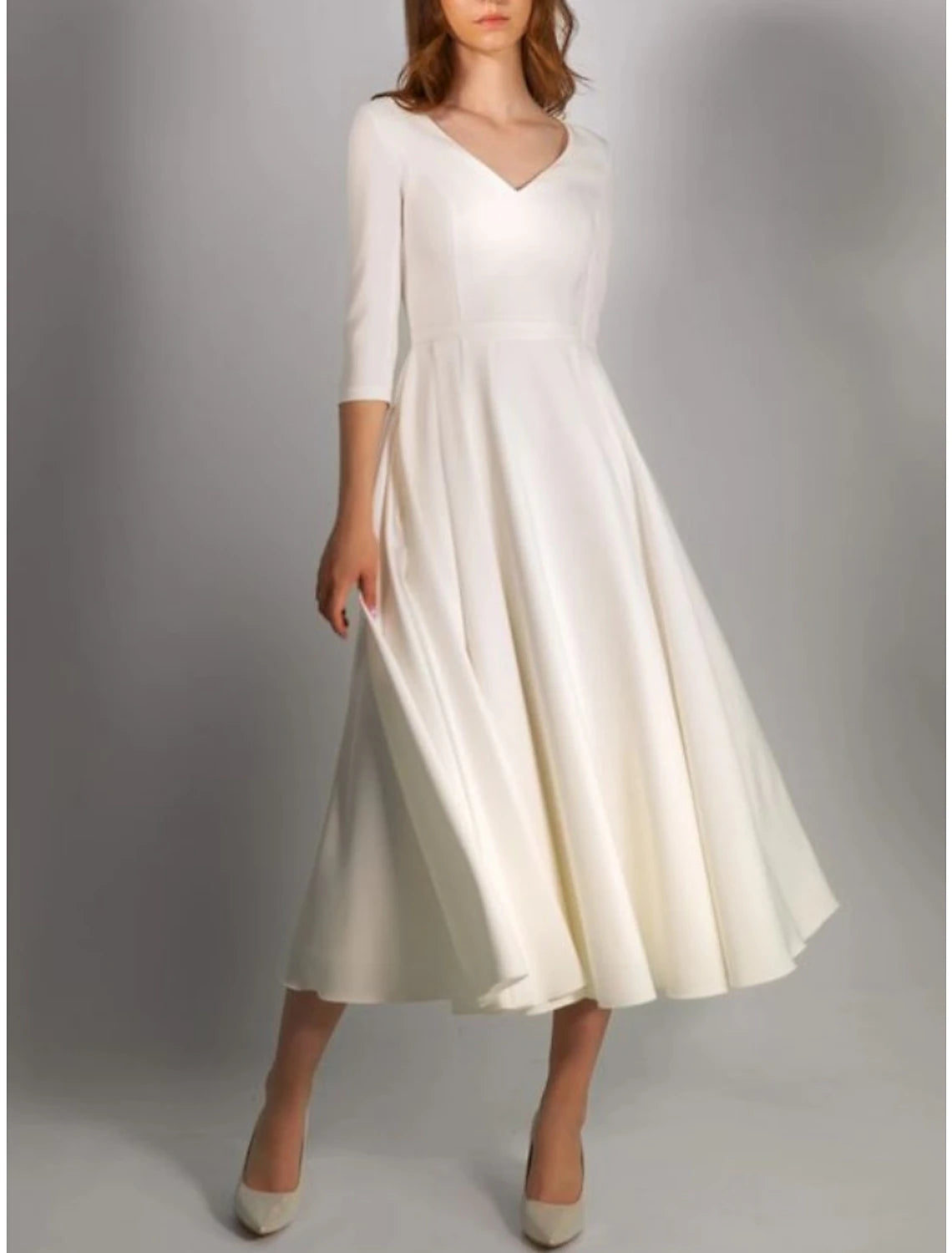 Women's Casual Attire Little White Dresses Wedding Dresses A-Line V Neck Half Sleeve Tea Length Satin Bridal Gowns With Pleats Solid Color