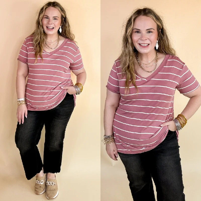 Women's Holiday Attire Keep Things Casual Striped V Neck Tee in Mauve