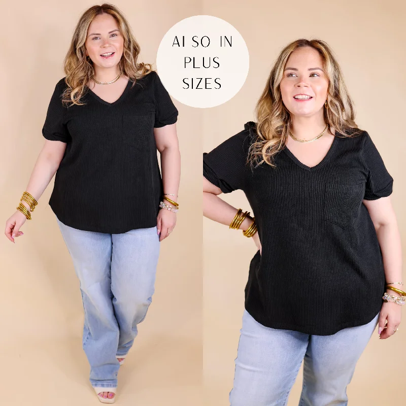Women's Chic Outfit Only True Love Ribbed Short Sleeve Top with Front Pocket in Black