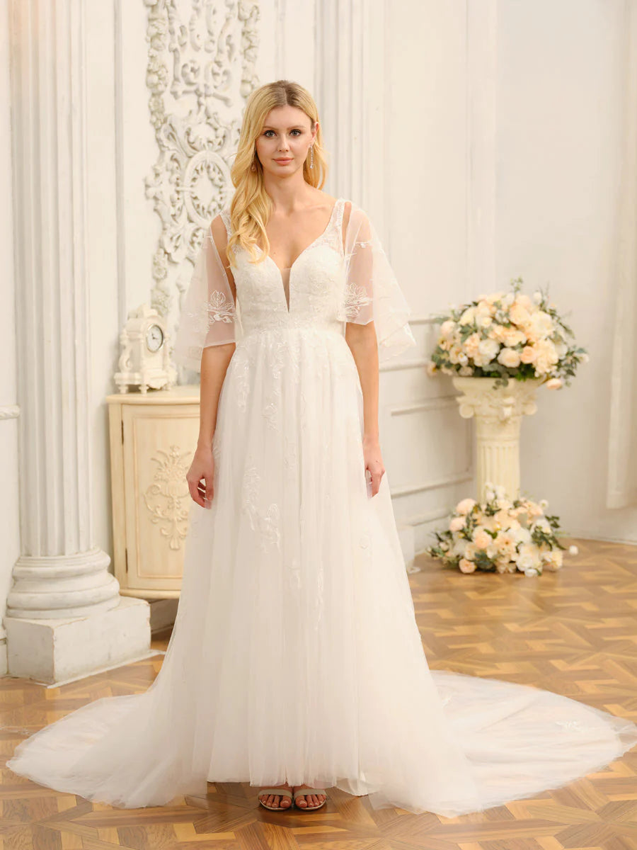 Women's Everyday Attire A-Line/Princess V-Neck Half Sleeves Long Wedding Dresses With Appliques