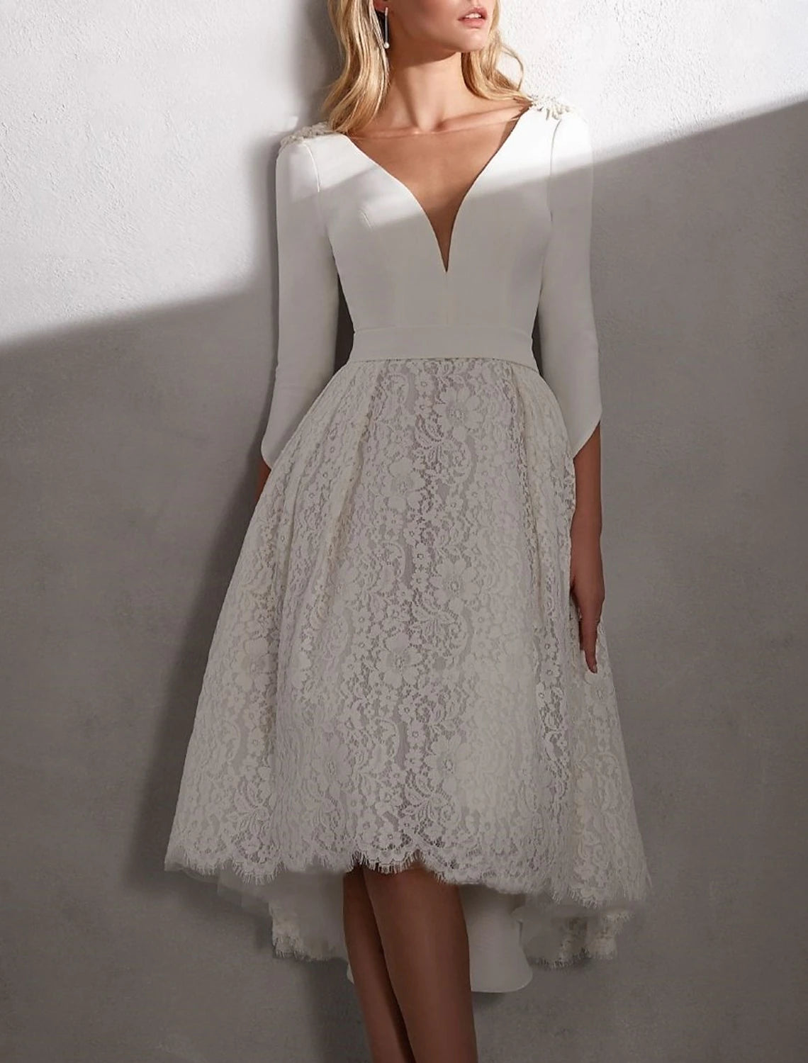 Stylish Women's Apparel Reception Fall Wedding Dresses Little White Dresses A-Line V Neck 3/4 Length Sleeve Asymmetrical Lace Bridal Gowns With Appliques Solid Color Summer Wedding Party