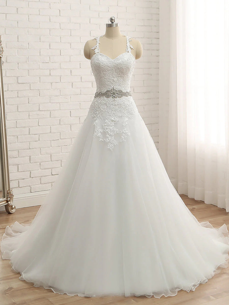 Women's Holiday Outfit A-Line/Princess Spaghetti Straps Sleeveless Applique With Belt Tulle Floor-Length Wedding Dresses