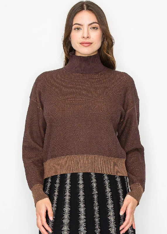 Women's Outdoor Attire Textured Brown High Neck Sweater