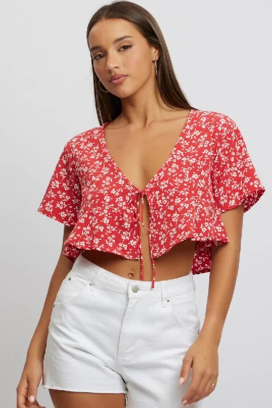 Timeless Women's Apparel Red Ditsy Tie Up Top Short Sleeve Crop