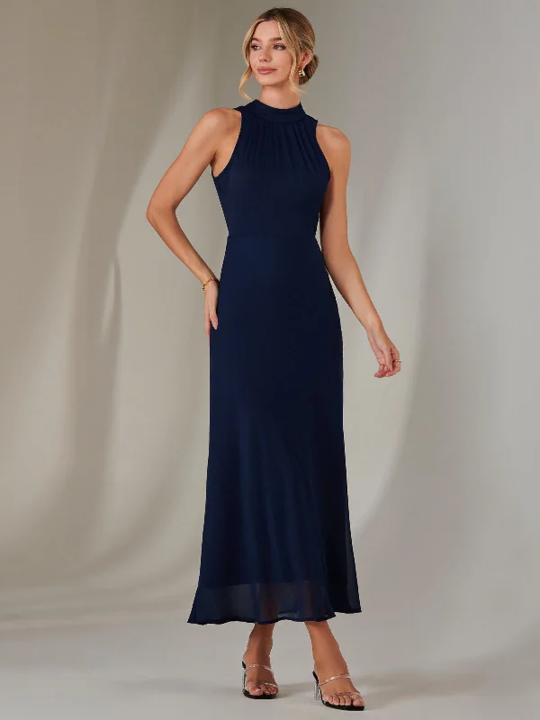 Women's Cozy Outfit For Lounging Halter Neck Open Back Chiffon Maxi Dress, Navy