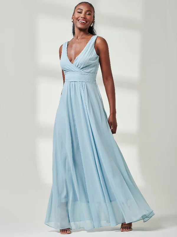 Women's Chic Outerwear Outfit Pleated Bodice Chiffon Maxi Dress, Ice Blue