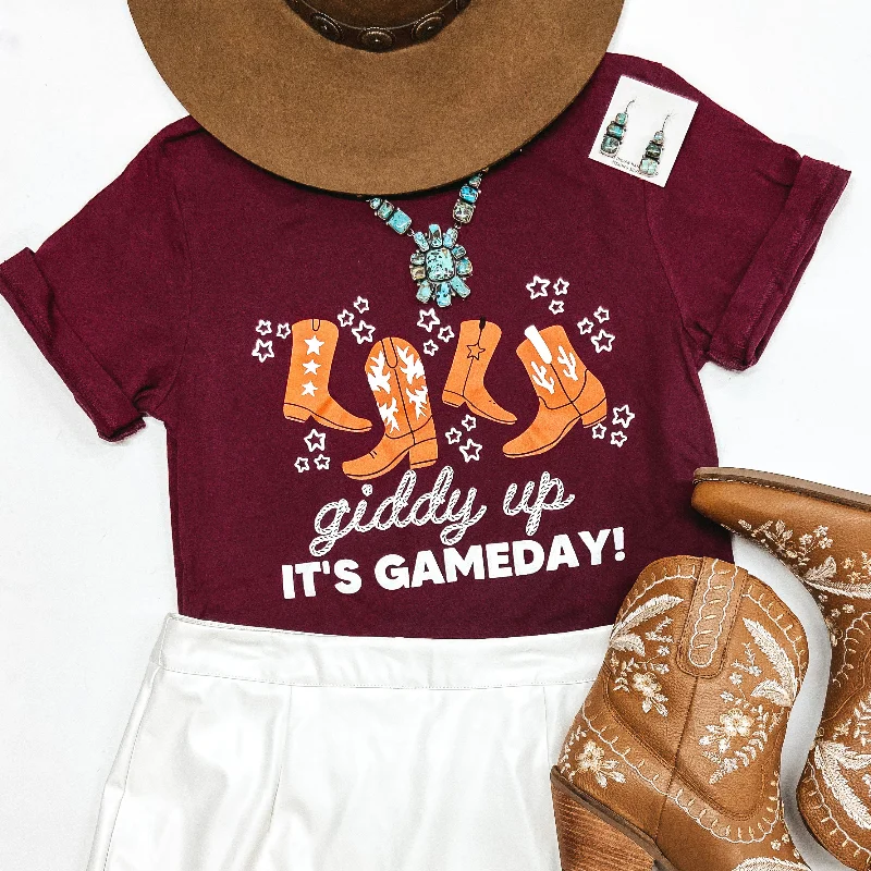 Women's Evening Wear Outfit Aggie Game Day | Giddy Up It's Gameday Short Sleeve Graphic Tee Shirt in Maroon