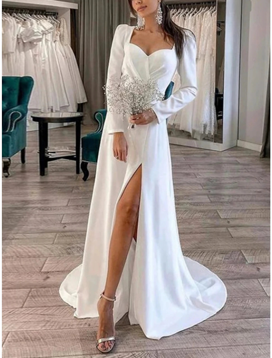 Women's Evening Clothes Formal Wedding Dresses Sheath / Column Sweetheart Long Sleeve Court Train Satin Bridal Gowns With Pleats Split Front