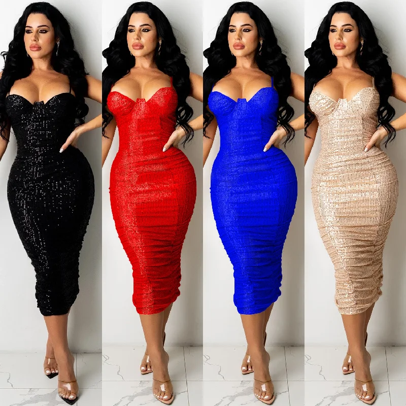 Women's Athletic Apparel HYD7121 Fashion nightclub sequin sexy sleeveless split maxi dress women