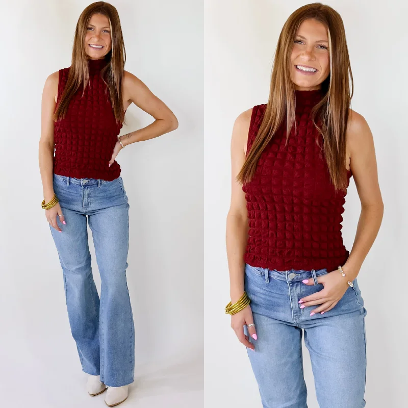 Women's Trendy Casual Outfit Daring Stares Mock Neck Bubble Tank Top in Maroon