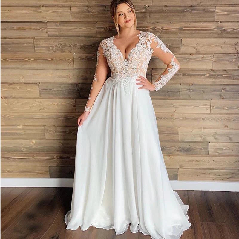 Women's Resort Attire Plus Size A Line Long Sleeve Chiffon V Neck Appliques Wedding Dress