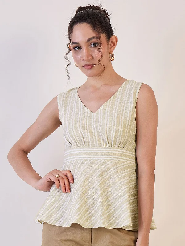 Women's Evening Attire Beige Stripe Sleeveless Peplum Top