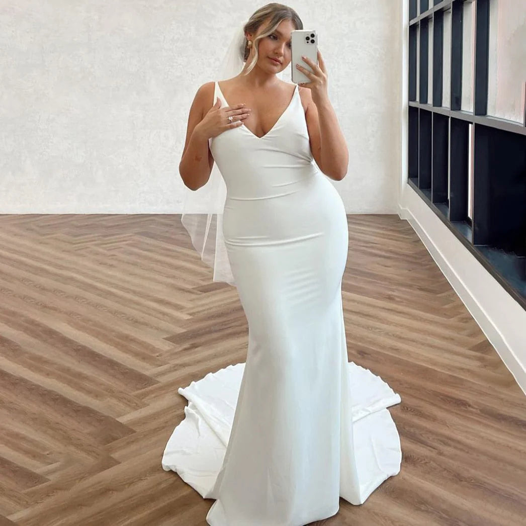 Women's High-Fashion Apparel Wedding Dresses Plus Size Detachable Drape Back V-neck Trumpet Satin