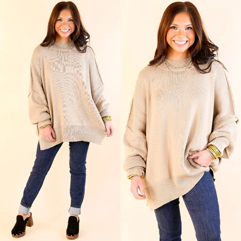 Women's Resort Attire Snug and Stylish Mock Neck Sweater with Side Slit in Light Mocha Brown
