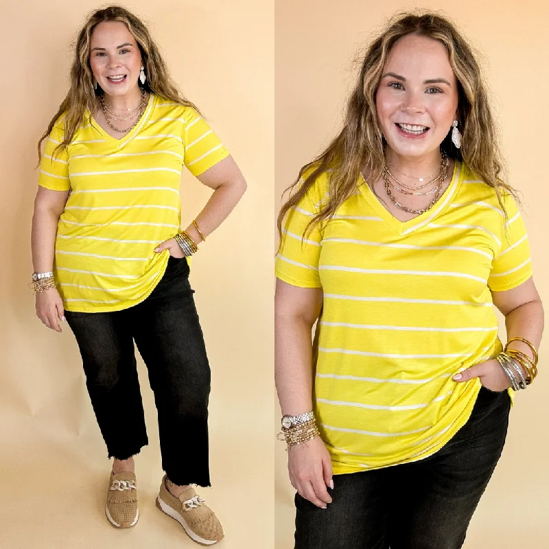 Women's Festive Attire Keep Things Casual Striped V Neck Tee in Yellow