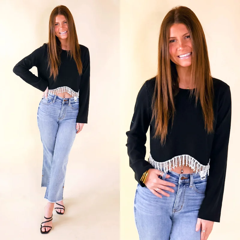 Trendy Athleisure Clothing For Women Signature Look Long Sleeve Crop Top with Crystal Fringe Trim in Black