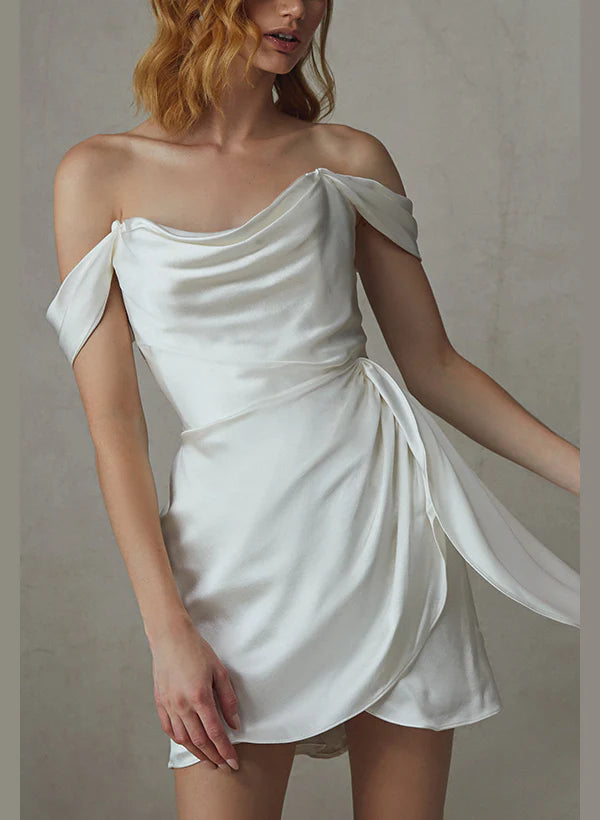 Sustainable Women's Clothes Wedding Dresses Sheath Off-The-Shoulder Short Mini Silk Like Satin