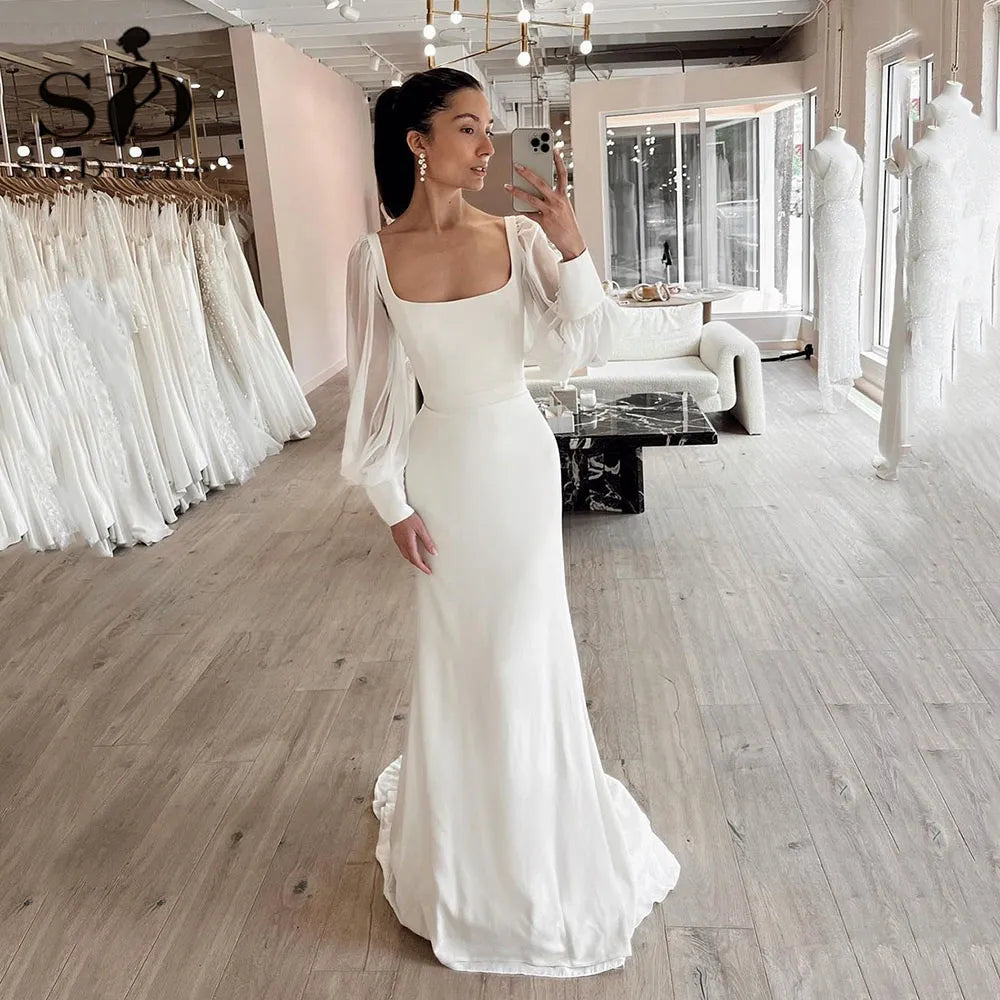 Charming Women's Holiday Apparel Dubai Simple Wedding Dresses For Woman Long Sleeves Square Neck Bride Gowns Long Bridal Gowns vestido de novia